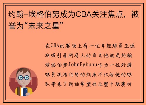 约翰-埃格伯努成为CBA关注焦点，被誉为“未来之星”